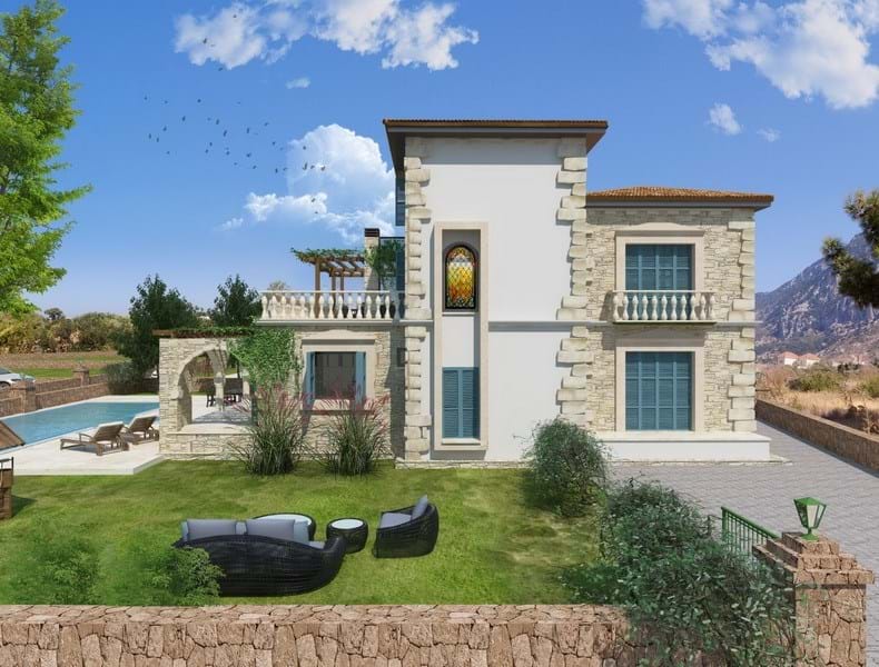 4 bedroom off plan stone villas + swimming pool + central heating + panoramic sea and mountain views + payment plan + Turkish title deeds